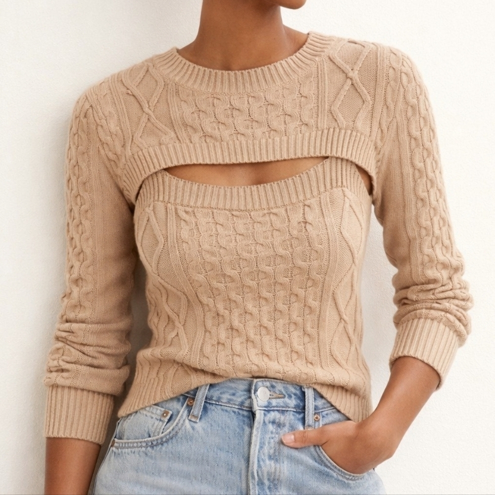 Anthro Cable Knit Shrug Cami Set XS Beige Layered Bolero Sweater Preppy Coquette